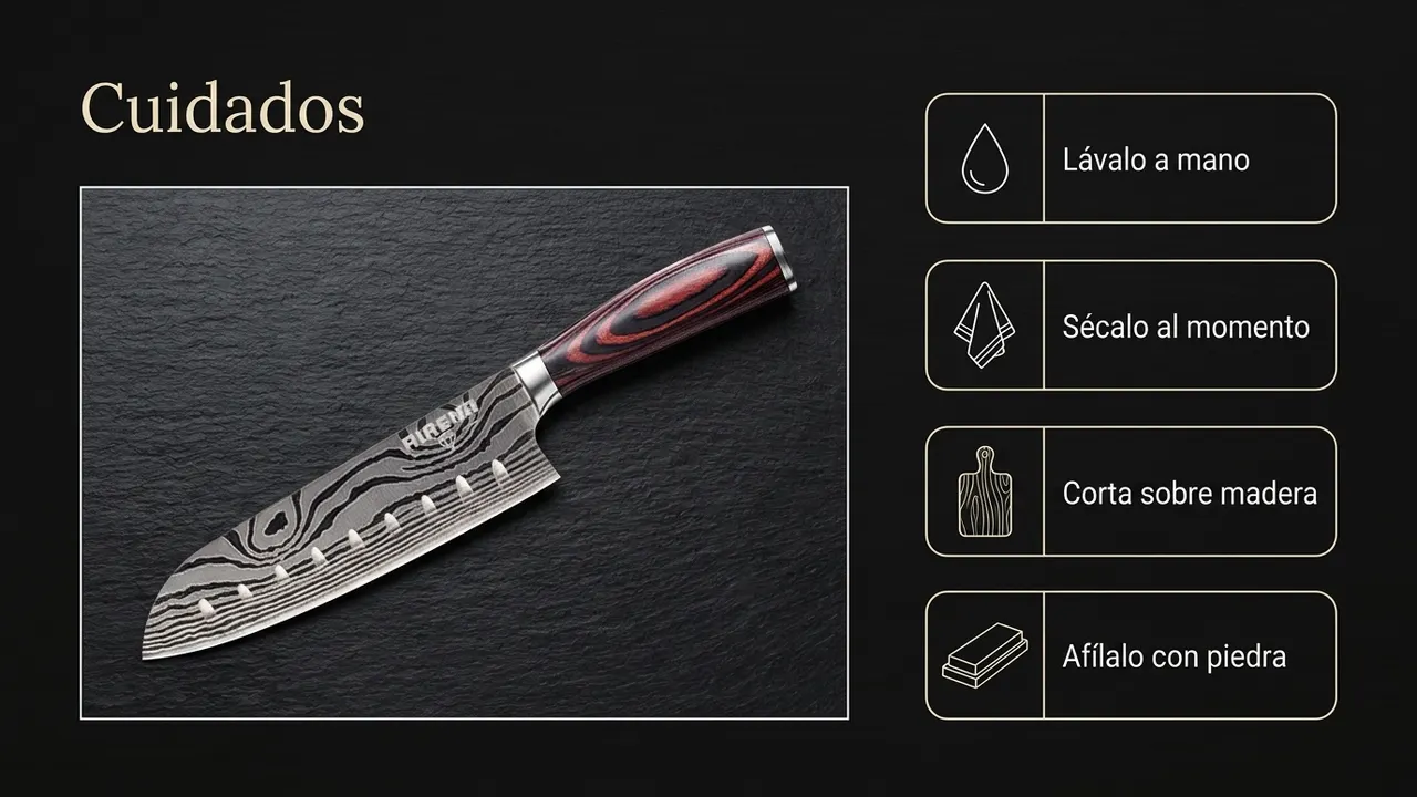 Cuidados del santoku Airena: lavarlo a mano, secarlo al momento, cortar sobre madera y afilarlo con piedra