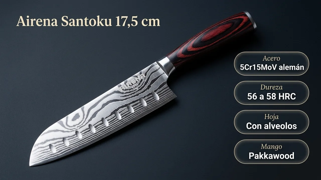 Datos del santoku Airena: acero 5Cr15MoV alemán de 56 a 58 HRC, hoja con alveolos y mango de pakkawood rojo
