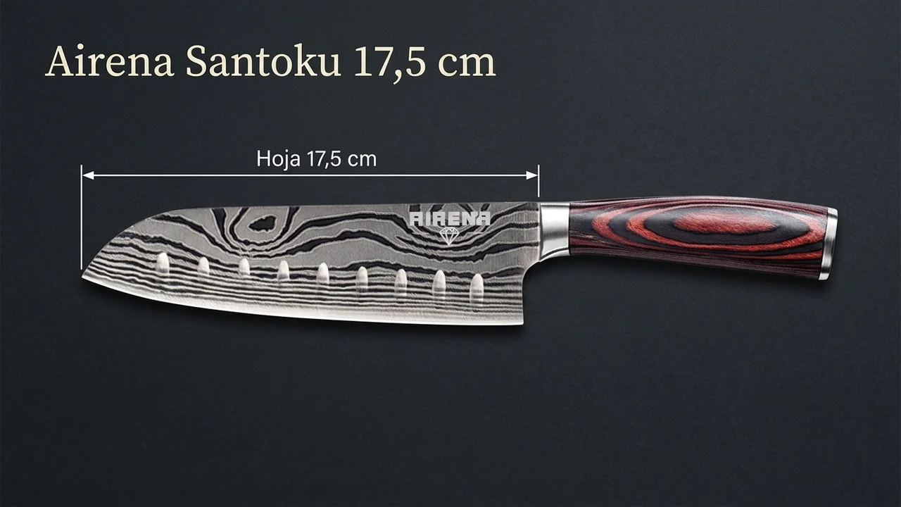 Santoku Airena acotado: hoja de 17,5 cm con alveolos, medida del filo al talón