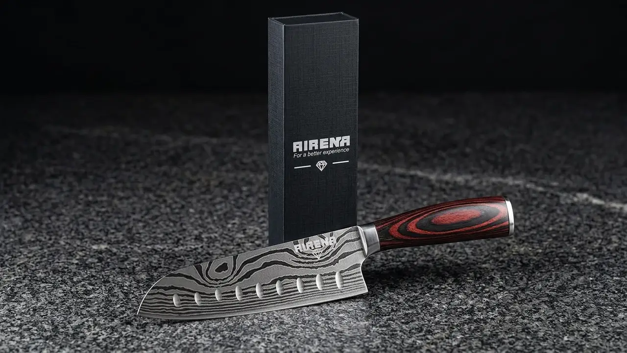 Santoku Airena junto a su caja negra de regalo con el logotipo de la marca