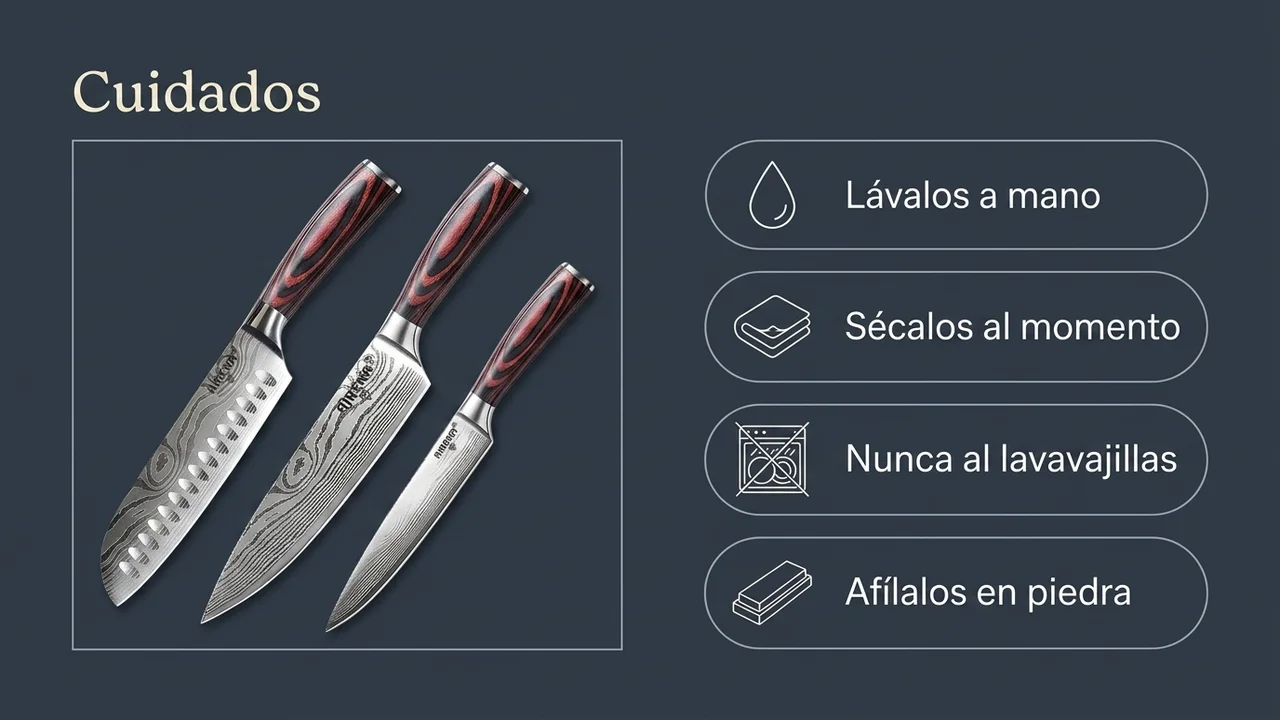 Cuidados del juego AIRENA: lavado a mano, secado al momento, nunca al lavavajillas y afilado en piedra