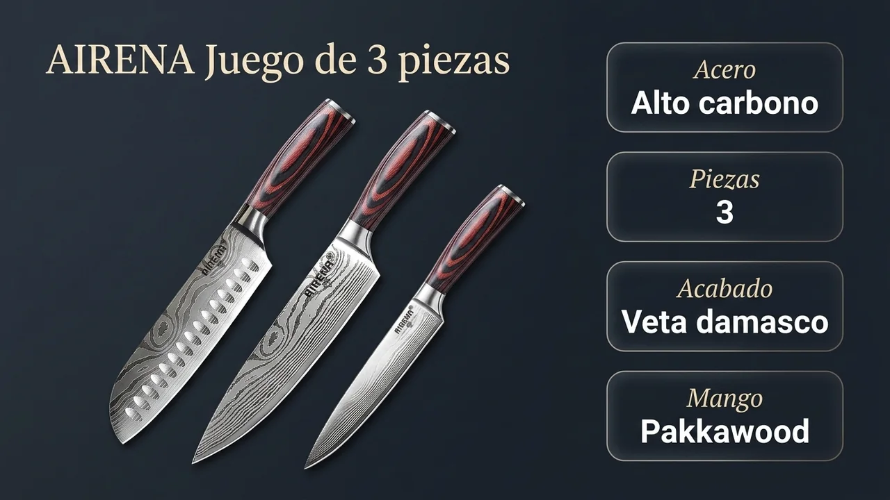 Ficha técnica del juego AIRENA: acero de alto carbono, tres piezas con acabado de veta damasco y mangos de pakkawood