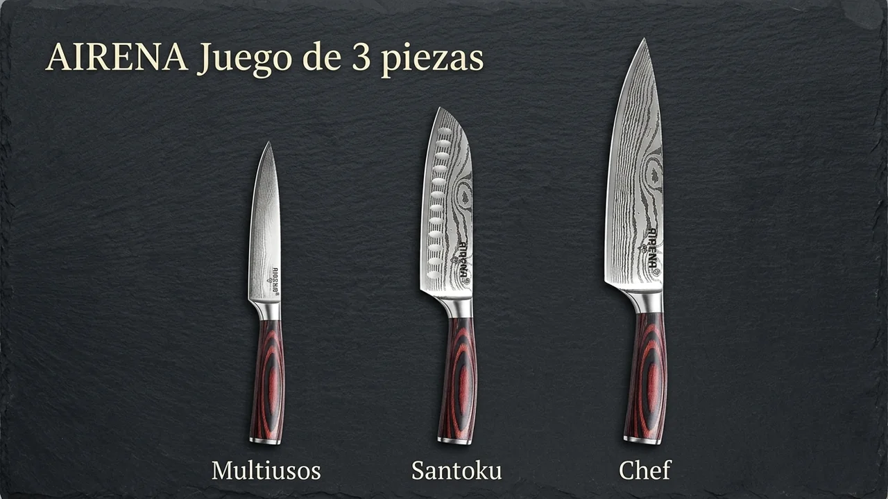 Las tres piezas del juego AIRENA en fila: multiusos, santoku con alvéolos y chef, con mango de pakkawood rojo y negro