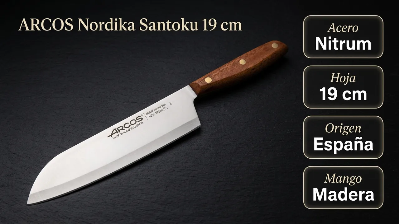 Datos del santoku Arcos Nordika: acero Nitrum, hoja de 19 cm fabricada en Albacete y mango de madera