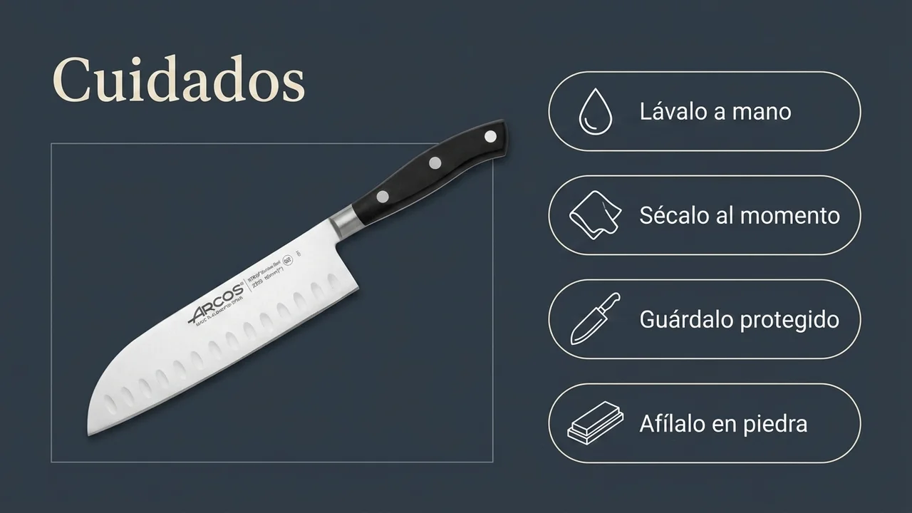 Cuidados del santoku Arcos Riviera: lavar a mano, secar al momento, guardar protegido y afilar en piedra