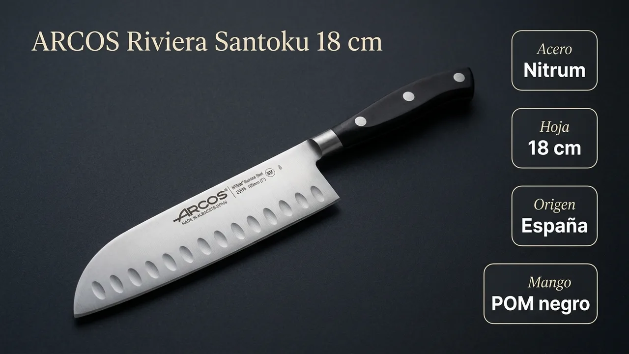 Datos del santoku Arcos Riviera: acero Nitrum, hoja de 18 cm fabricada en Albacete y mango de POM negro
