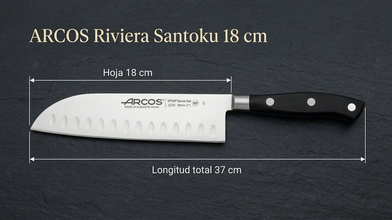 Santoku Arcos Riviera acotado: hoja alveolada de 18 cm y 37 cm de longitud total