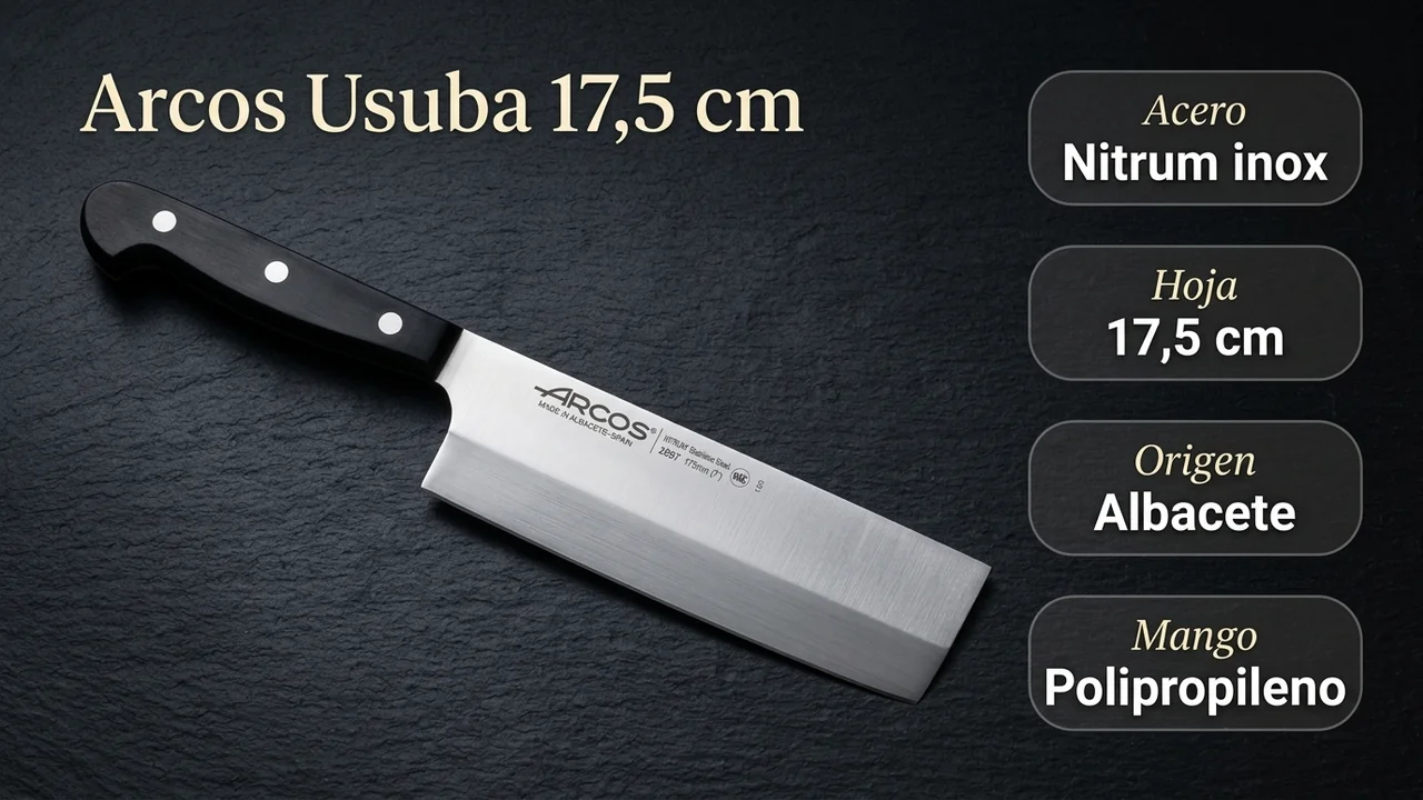 Ficha técnica del usuba Arcos: acero Nitrum inoxidable, hoja de 17,5 cm fabricada en Albacete y mango de polipropileno