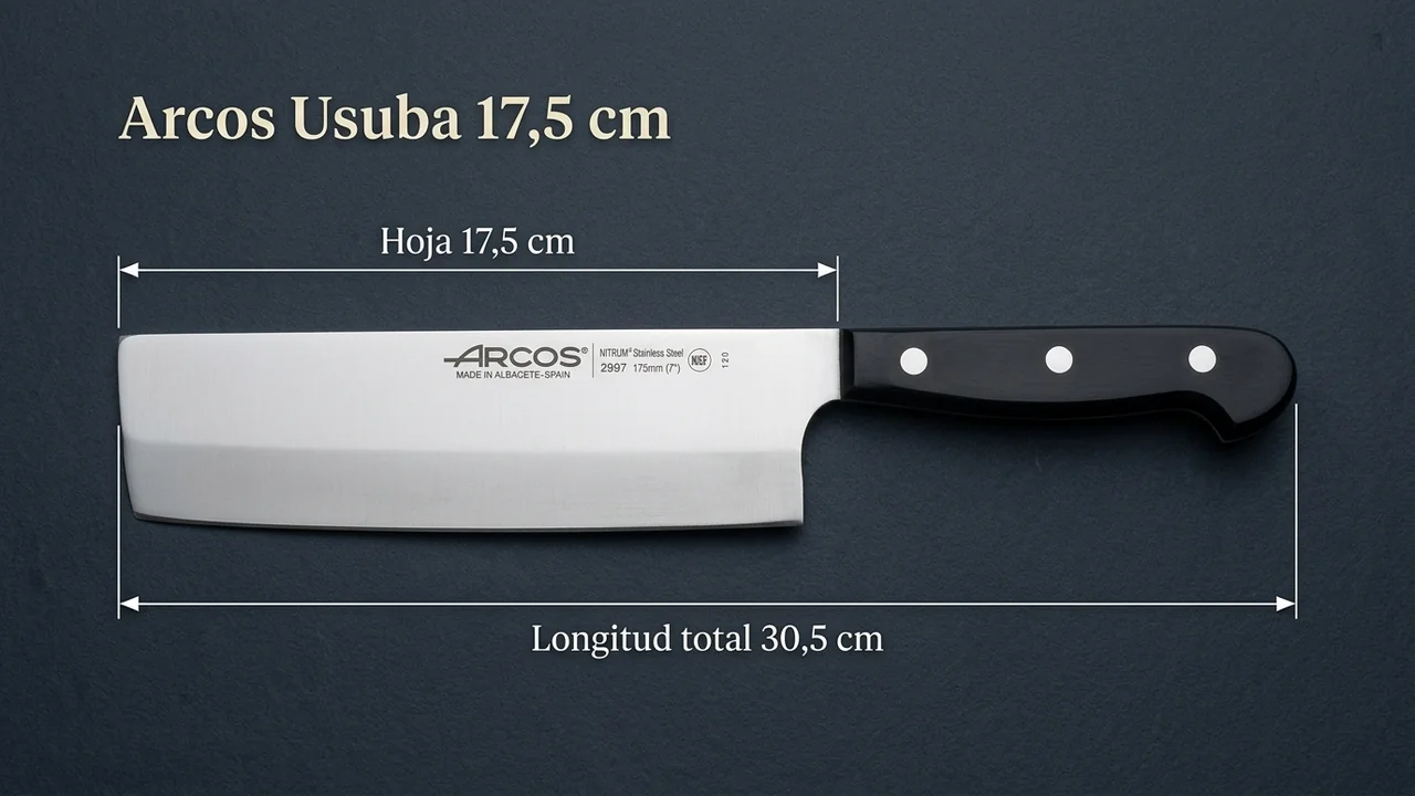 Cuchillo usuba Arcos acotado con 17,5 cm de hoja y 30,5 cm de longitud total sobre madera oscura