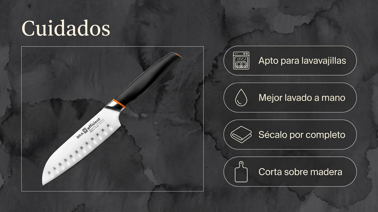 Cuidados del santoku BRA Efficient: apto para lavavajillas, mejor a mano, secado completo y corte sobre madera