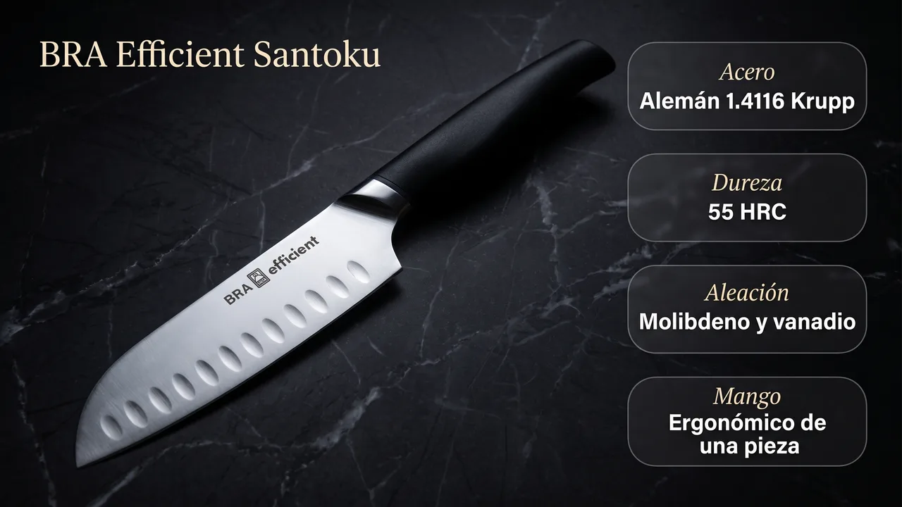 Ficha tecnica del santoku BRA Efficient: acero aleman 1.4116 Krupp, 55 HRC y aleacion de molibdeno y vanadio
