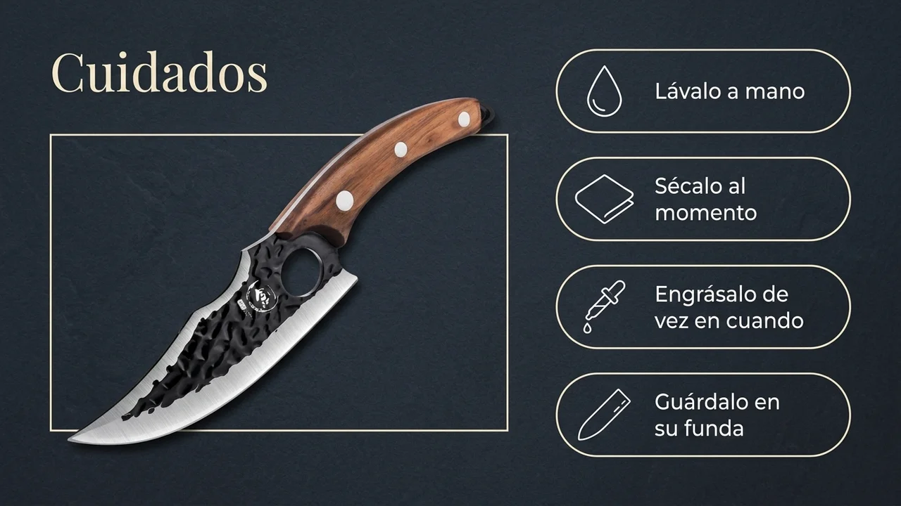 Cuidados del cuchillo de carne DRAGON RIOT: lavar a mano, secar al momento, engrasar el acero y guardar en su funda