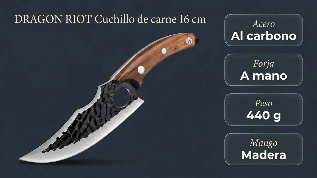 Datos del cuchillo de carne DRAGON RIOT de 16 cm: acero al carbono forjado a mano, 440 gramos y mango de madera
