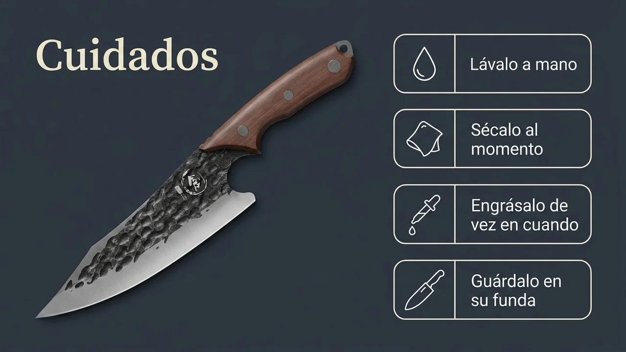 Cuidados del chef DRAGON RIOT de 18 cm: lavar a mano, secar al momento, engrasar el acero y guardar en su funda