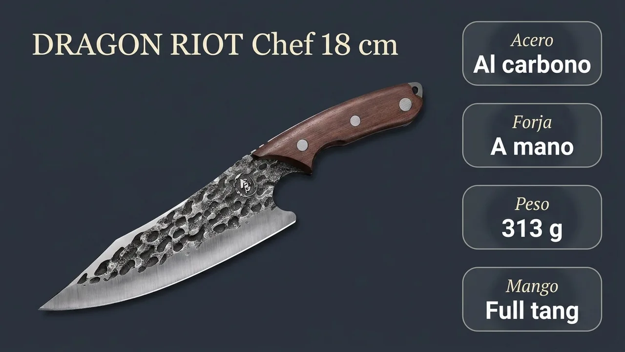 Datos del chef DRAGON RIOT de 18 cm: acero al carbono forjado a mano, 313 gramos y espiga completa