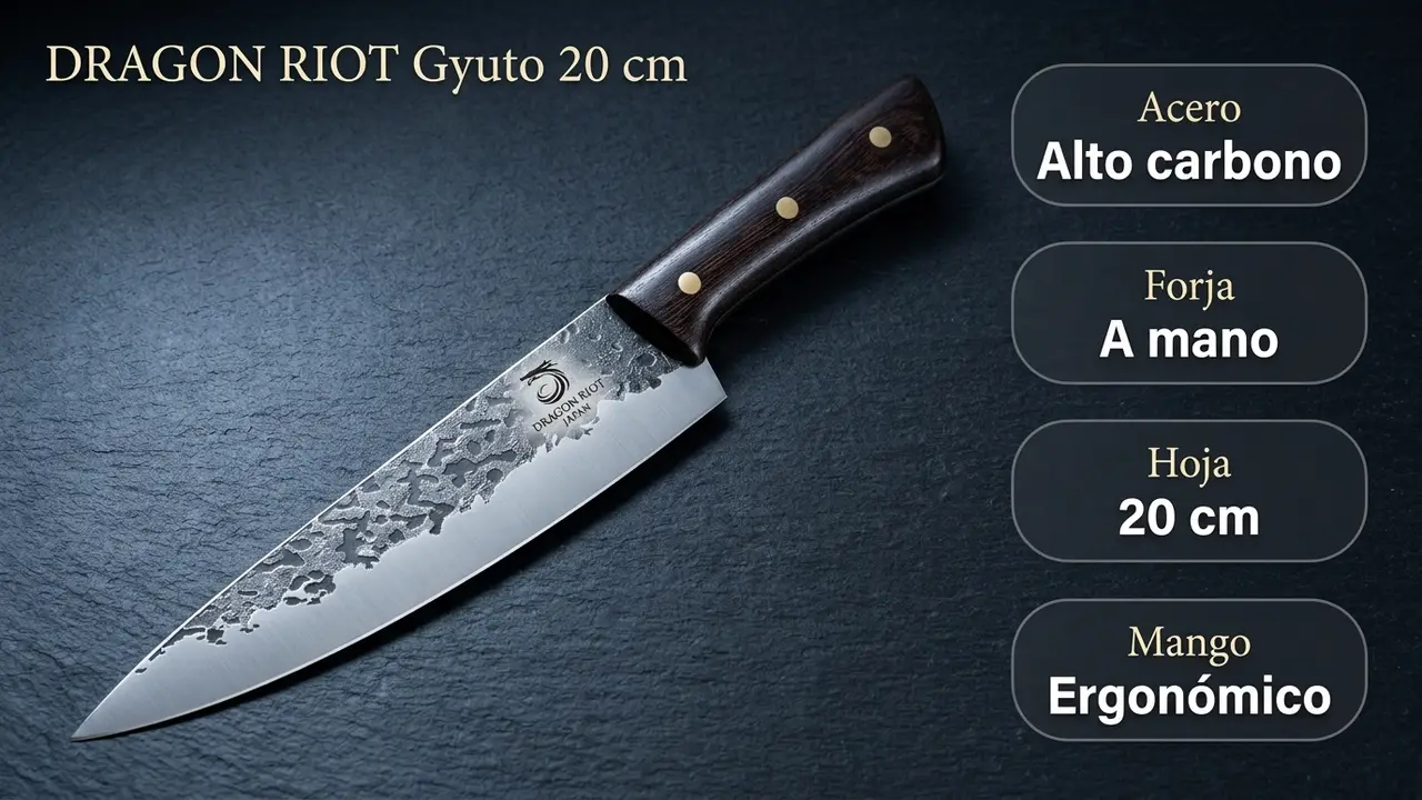 Datos del gyuto DRAGON RIOT: acero de alto carbono forjado a mano, hoja de 20 cm y mango ergonómico