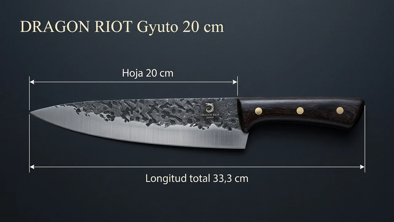Gyuto DRAGON RIOT acotado: hoja forjada de 20 cm y 33,3 cm de longitud total