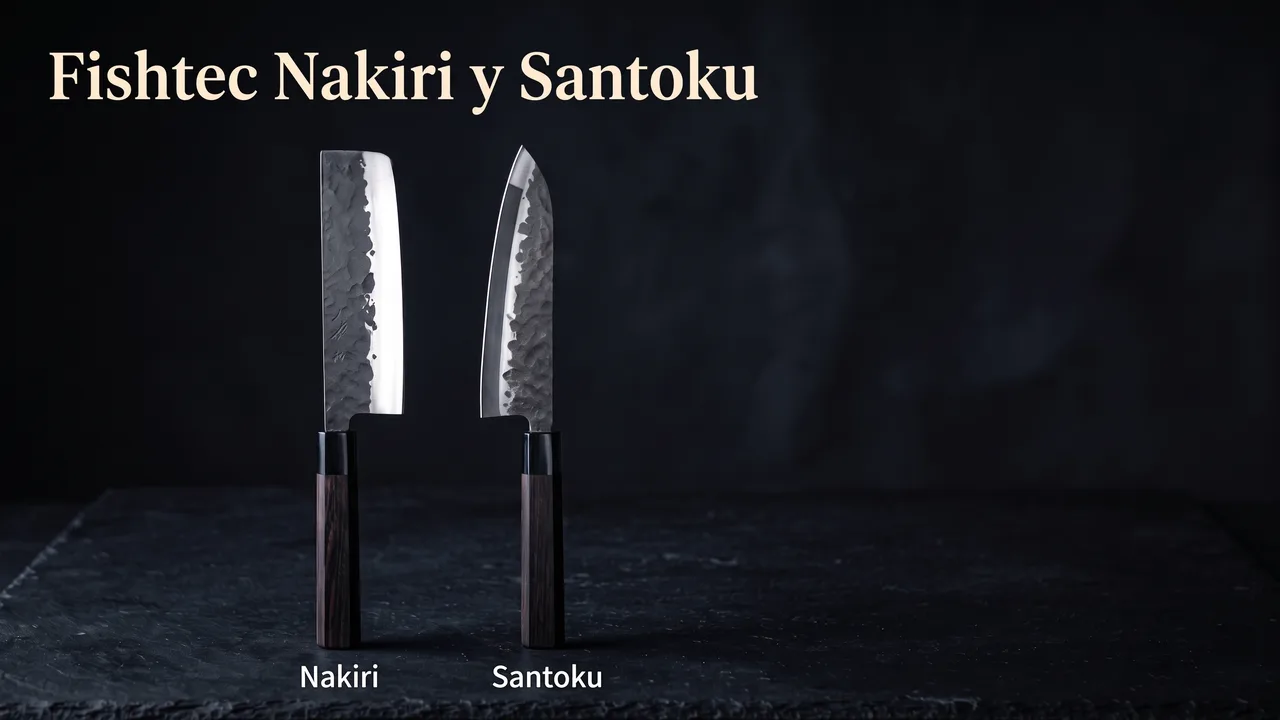 Las dos piezas del juego Fishtec: nakiri de hoja recta y santoku de punta caída