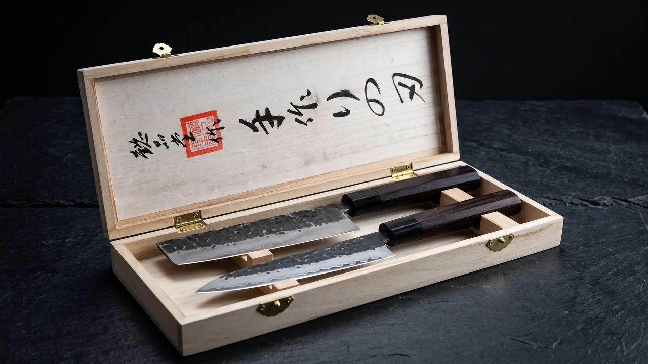 Juego Fishtec de nakiri y santoku dentro de su caja de madera con caligrafía japonesa