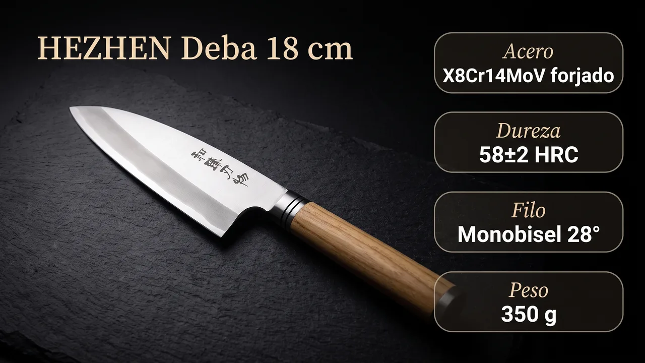 Datos del deba HEZHEN: acero X8Cr14MoV forjado, 58±2 HRC, filo monobisel de 28 grados y 350 g de peso