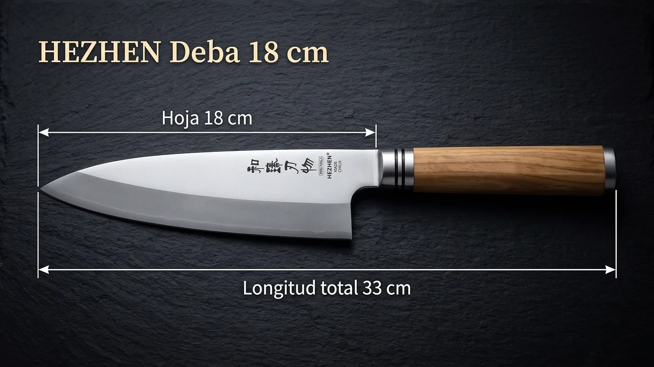 Deba HEZHEN acotado: hoja de 18 cm medida de la punta a la virola y 33 cm de longitud total
