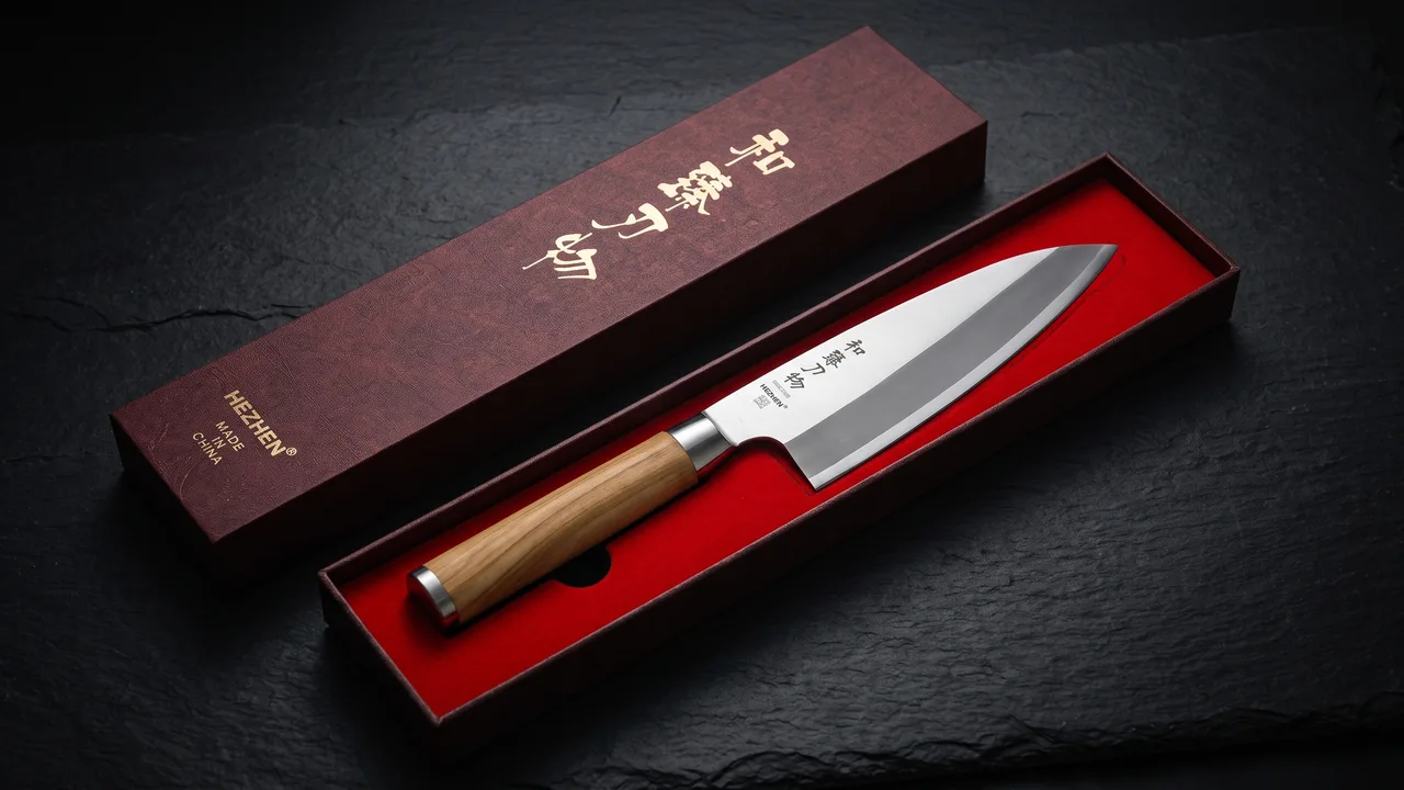 Deba HEZHEN de 18 cm dentro de su caja de regalo abierta, encajado en el forro rojo, con la tapa granate de kanji dorado apoyada al lado