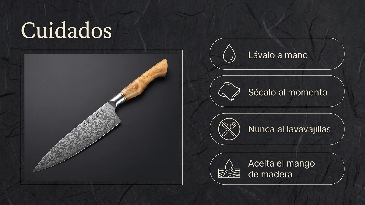 Cuidados del gyuto HEZHEN: lavado a mano, secado inmediato, nunca al lavavajillas y aceitado del mango de madera