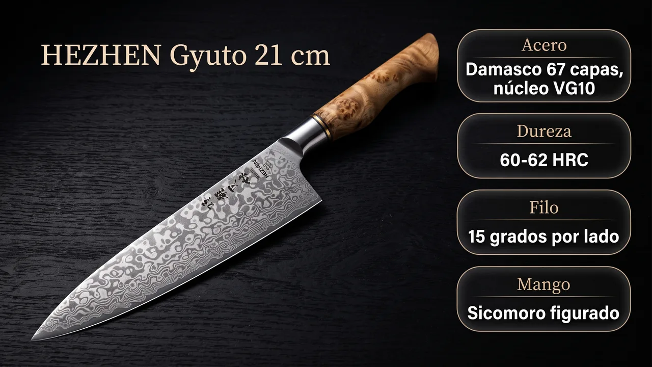 Datos del gyuto HEZHEN: damasco de 67 capas con nucleo VG10, 60-62 HRC, filo a 15 grados por lado y mango de sicomoro figurado