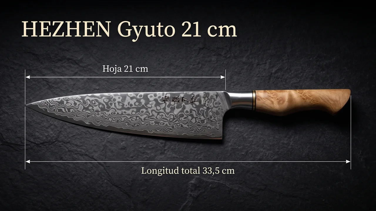 Gyuto HEZHEN acotado: hoja de 21 cm medida de la punta a la virola y 33,5 cm de longitud total
