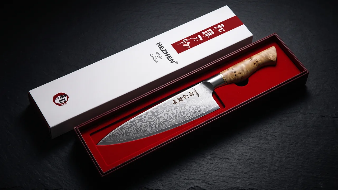 Gyuto HEZHEN de damasco dentro de su estuche de regalo abierto, con el interior forrado de terciopelo rojo y la tapa blanca con banda roja
