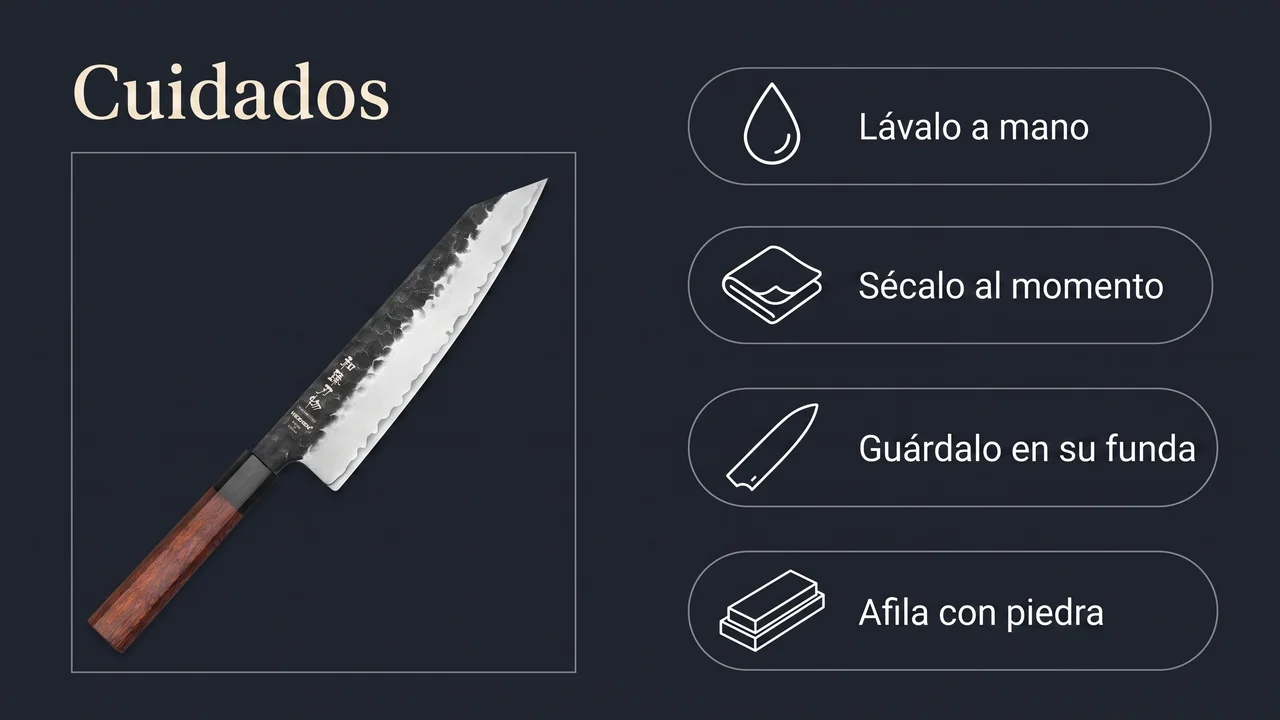 Cuidados del kiritsuke HEZHEN: lavado a mano, secado inmediato, guardado en su funda y afilado con piedra