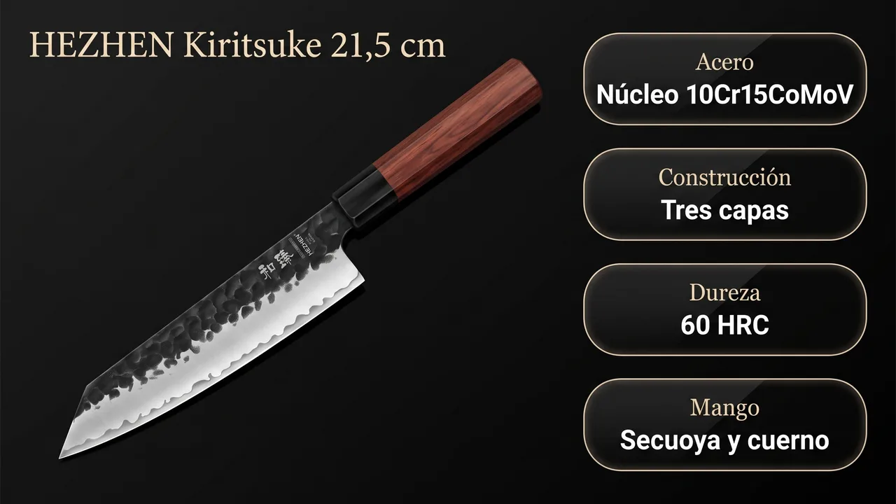 Ficha tecnica del kiritsuke HEZHEN: nucleo 10Cr15CoMoV en tres capas, 60 HRC y mango de secuoya con cuerno