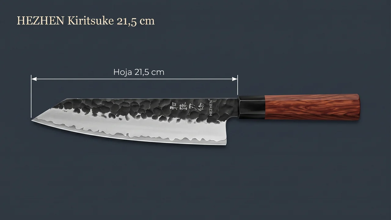 Medida del kiritsuke HEZHEN: hoja de 21,5 cm con punta angulada y acabado kurouchi