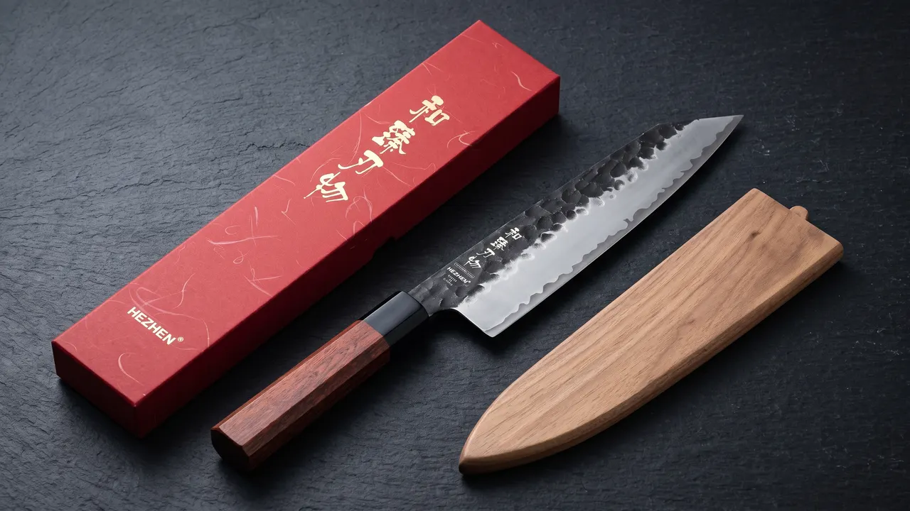 Kiritsuke HEZHEN con su caja roja y su funda de madera