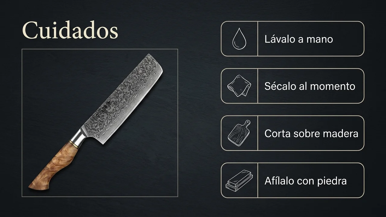 Cuidados del nakiri HEZHEN de damasco: lavarlo a mano, cortar sobre madera y afilarlo con piedra