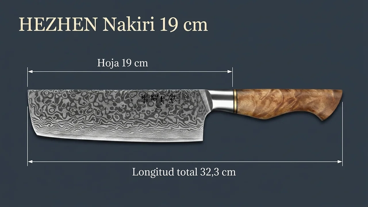 Medidas del nakiri HEZHEN damasco: 19 cm de hoja y 32,3 cm de longitud total