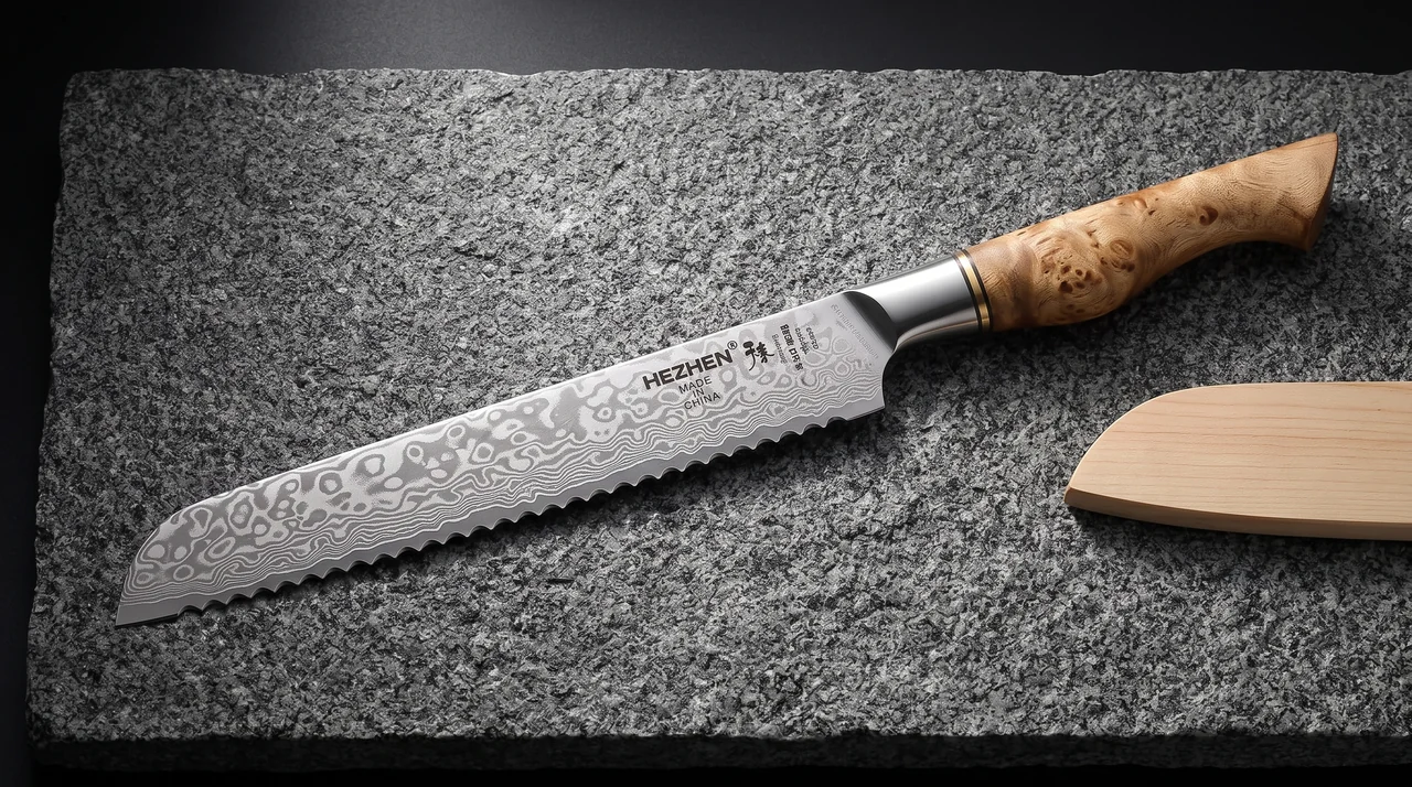 HEZHEN Cuchillo de Pan 20 cm (Damasco, dentado)