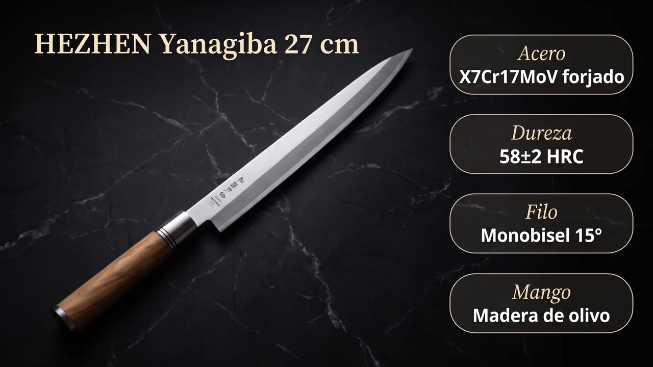 Datos del yanagiba HEZHEN: acero X7Cr17MoV forjado, 58±2 HRC, filo monobisel de 15 grados y mango de madera de olivo