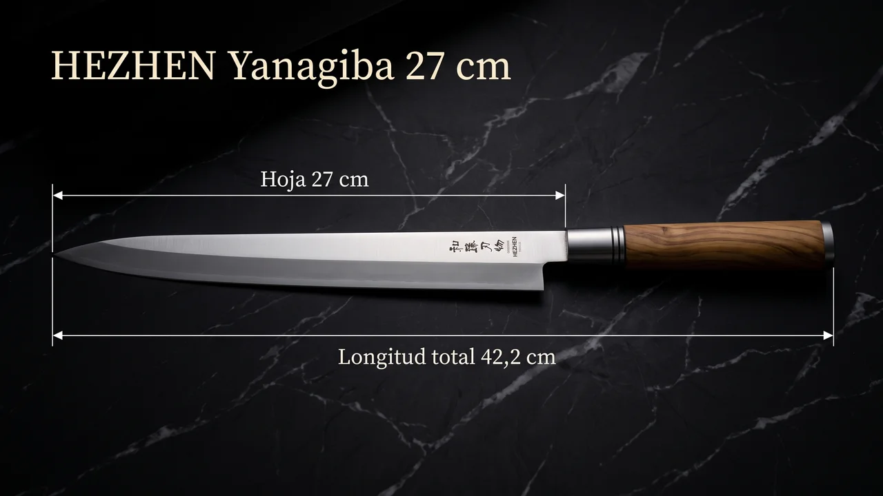 Yanagiba HEZHEN acotado: hoja de 27 cm medida de la punta a la virola y 42,2 cm de longitud total