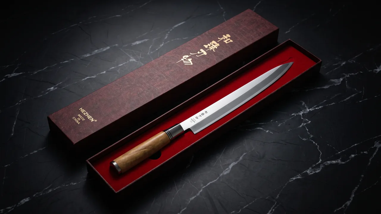 Yanagiba HEZHEN de 27 cm dentro de su caja de regalo abierta, encajado en el forro rojo, con la tapa granate de kanji dorado apoyada al lado