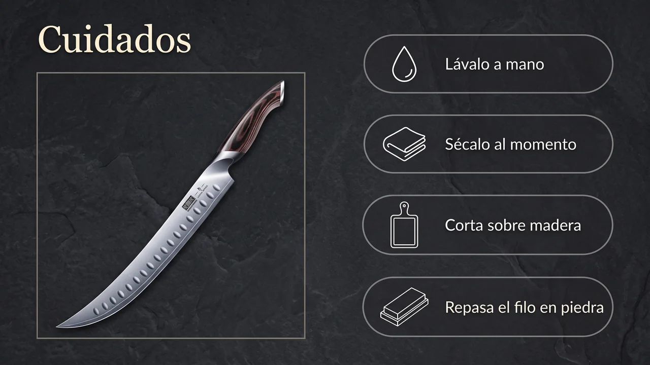 Cuidados del HOSHANHO Brisket: lavado a mano, secado inmediato, corte sobre madera y repaso del filo en piedra