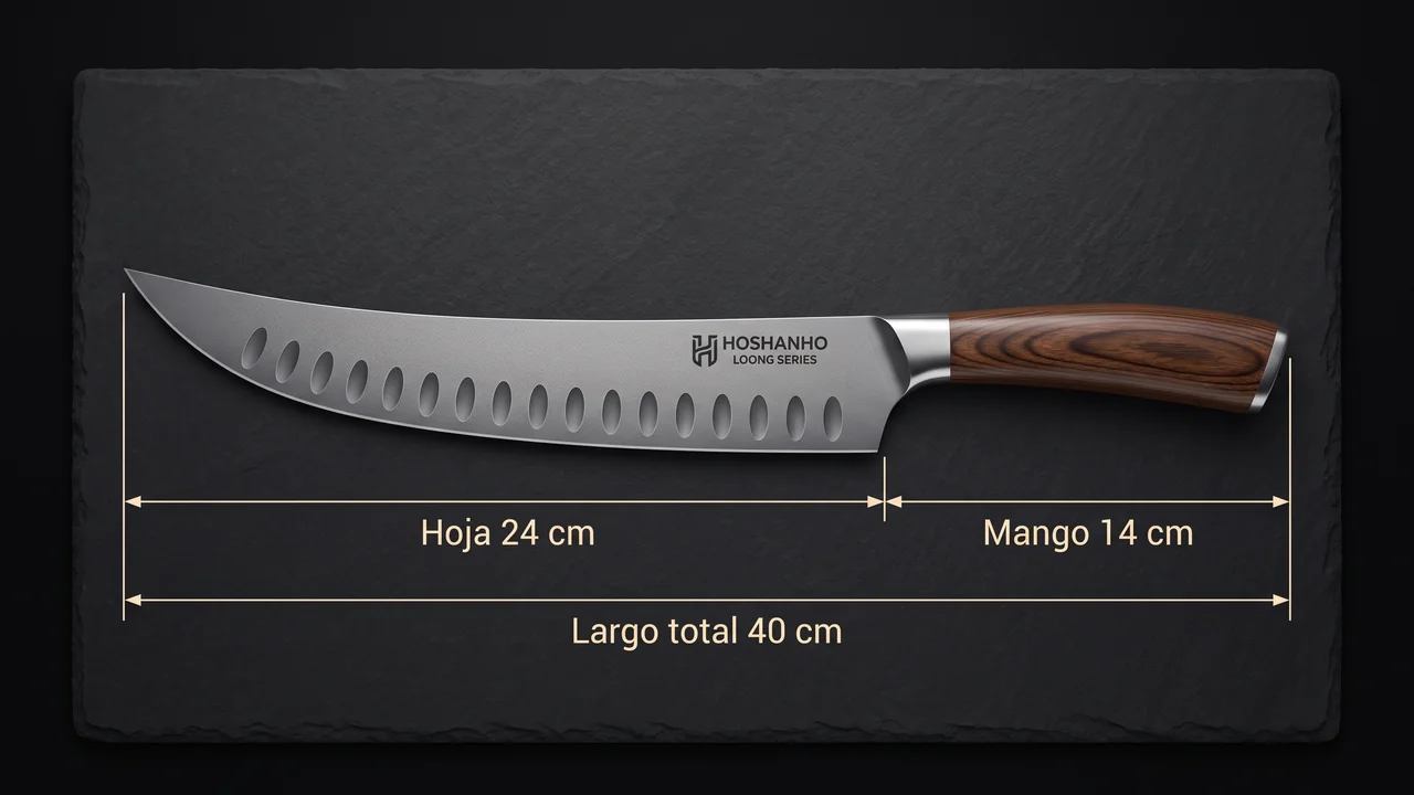 Medidas del HOSHANHO Brisket serie Loong: hoja de 24 cm, mango de 14 cm y largo total de 40 cm