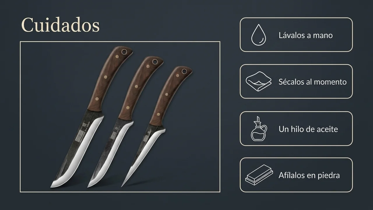 Cuidados del juego HOSHANHO PAO: lavado a mano, secado al momento, un hilo de aceite y afilado en piedra