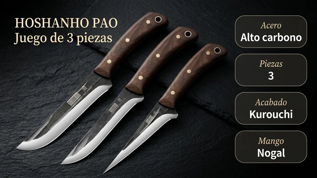 Ficha técnica del juego HOSHANHO PAO: acero de alto carbono con acabado kurouchi forjado y mangos de nogal
