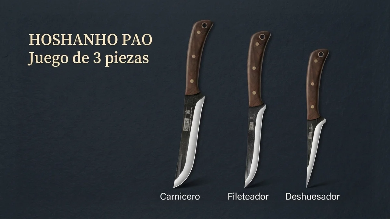 Las tres piezas del juego HOSHANHO PAO en fila: carnicero, fileteador y deshuesador, con hoja kurouchi y mango de nogal