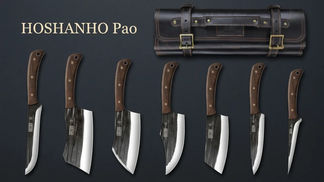Las ocho piezas del juego de carnicero HOSHANHO Pao: siete cuchillos forjados y su funda enrollable de piel