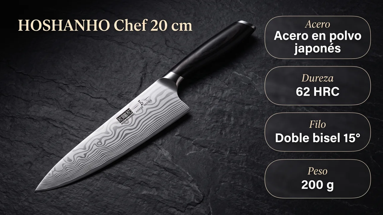 Datos del chef HOSHANHO: acero en polvo japonés, 62 HRC, filo de doble bisel a 15 grados y 200 g de peso