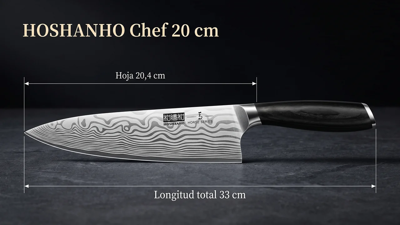 Cuchillo de chef HOSHANHO acotado: hoja de 20,4 cm medida de la punta a la virola y 33 cm de longitud total