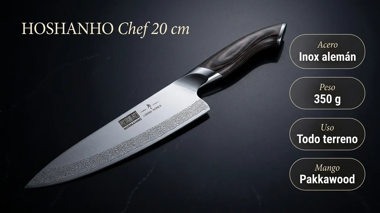 Datos del chef HOSHANHO: acero inoxidable alemán, 350 gramos, cuchillo todo terreno con mango de pakkawood