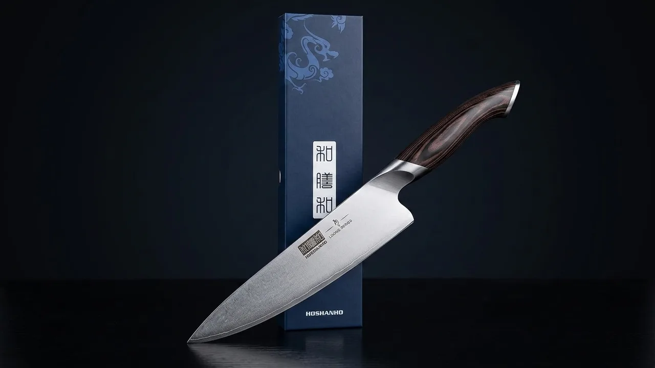 Cuchillo de chef HOSHANHO de la serie Loong junto a su caja azul marino con el dragón